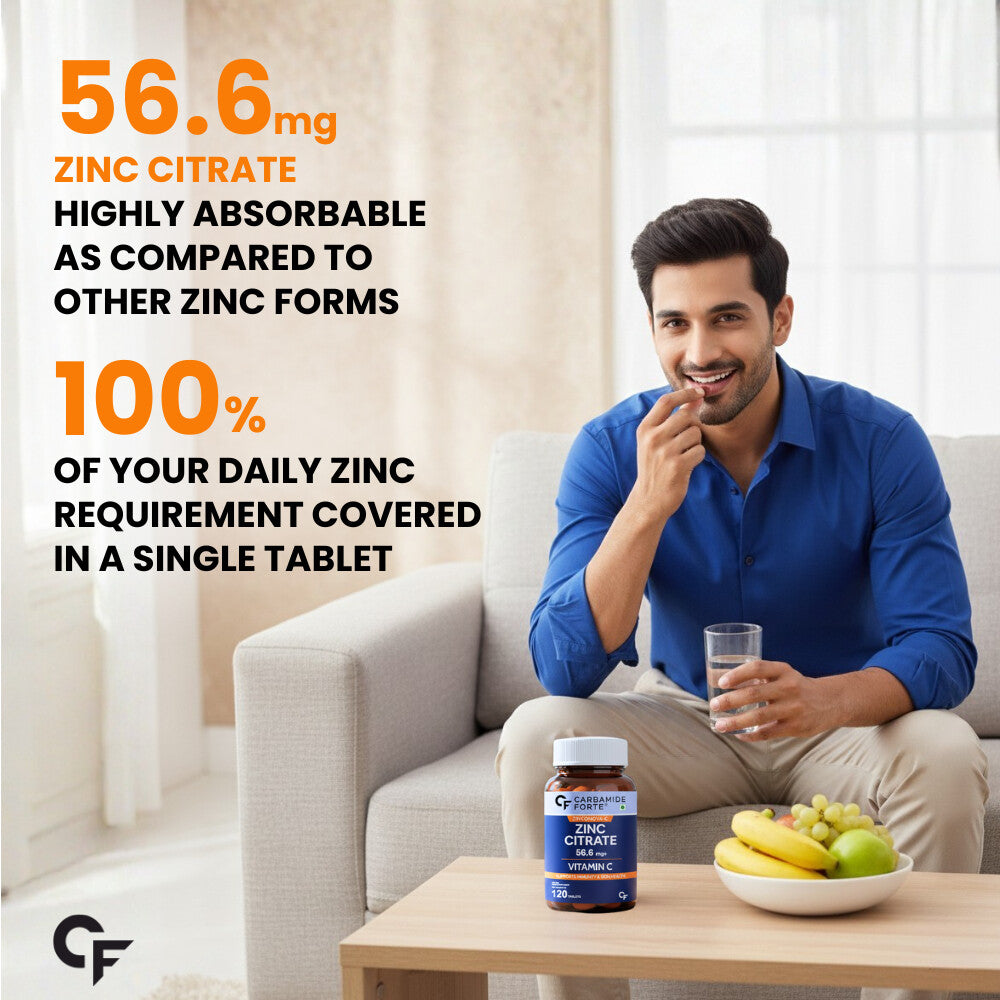 Zinc Citrate with Vitamin C – 100% RDA Zinc for Immunity, Skin & Cellular Health | 120 Tablets