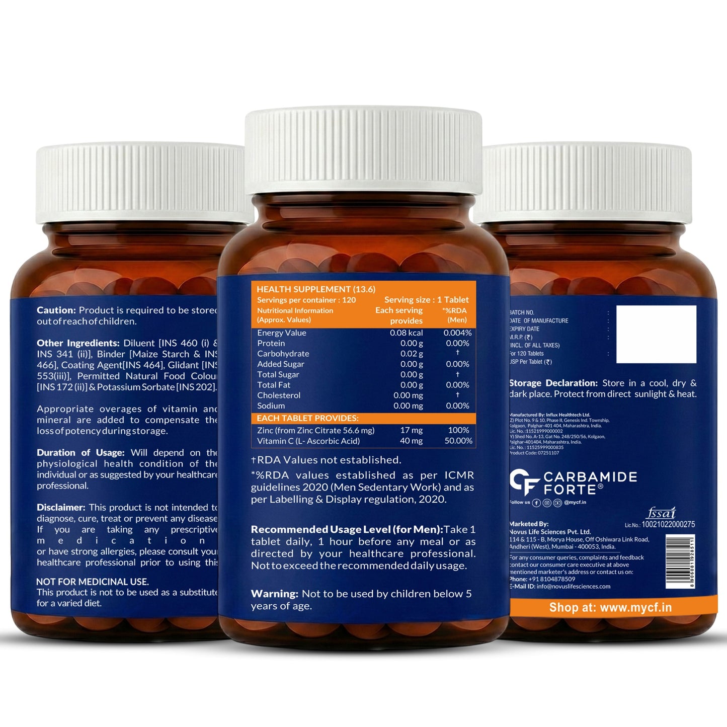 Zinc Citrate with Vitamin C – 100% RDA Zinc for Immunity, Skin & Cellular Health | 120 Tablets