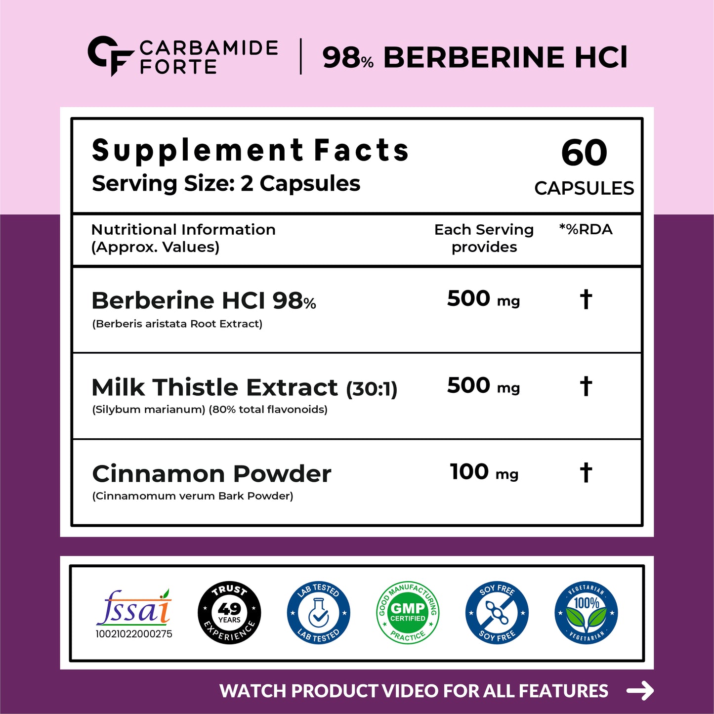 Berberine 98% with Milk Thistle – 1000mg Per Serving 60 Tablets