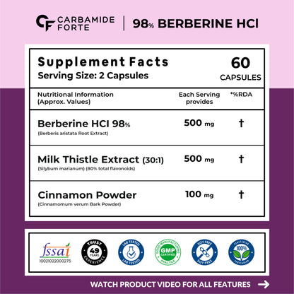 Berberine 98% with Milk Thistle – 1000mg Per Serving 60 Tablets