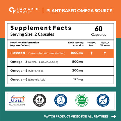Flaxseed Oil Capsules 1000mg with Omega 3, 6 & 9 - 60 Capsules - Carbamide Forte