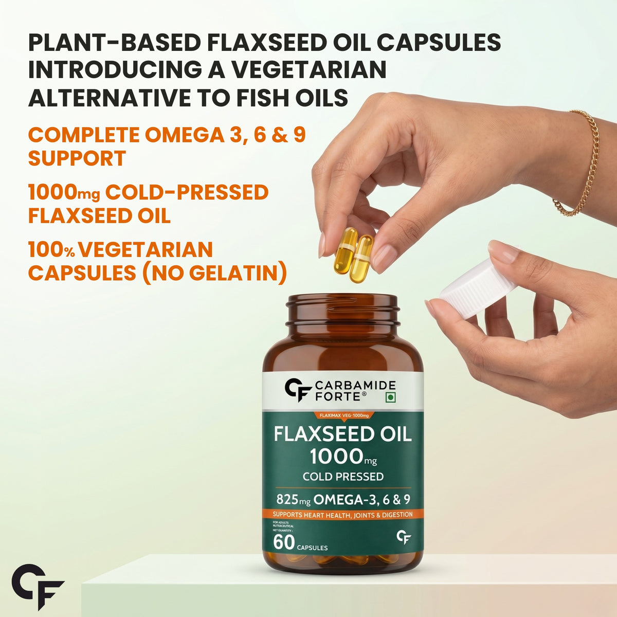 Flaxseed Oil Capsules 1000mg with Omega 3, 6 & 9 - 60 Capsules - Carbamide Forte