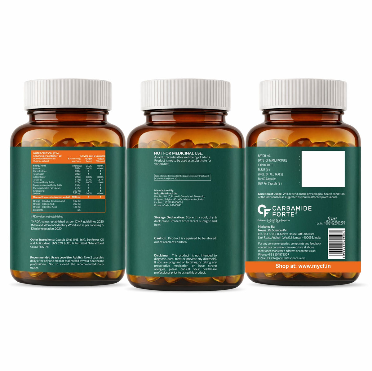 Flaxseed Oil Capsules 1000mg with Omega 3, 6 & 9 - 60 Capsules - Carbamide Forte
