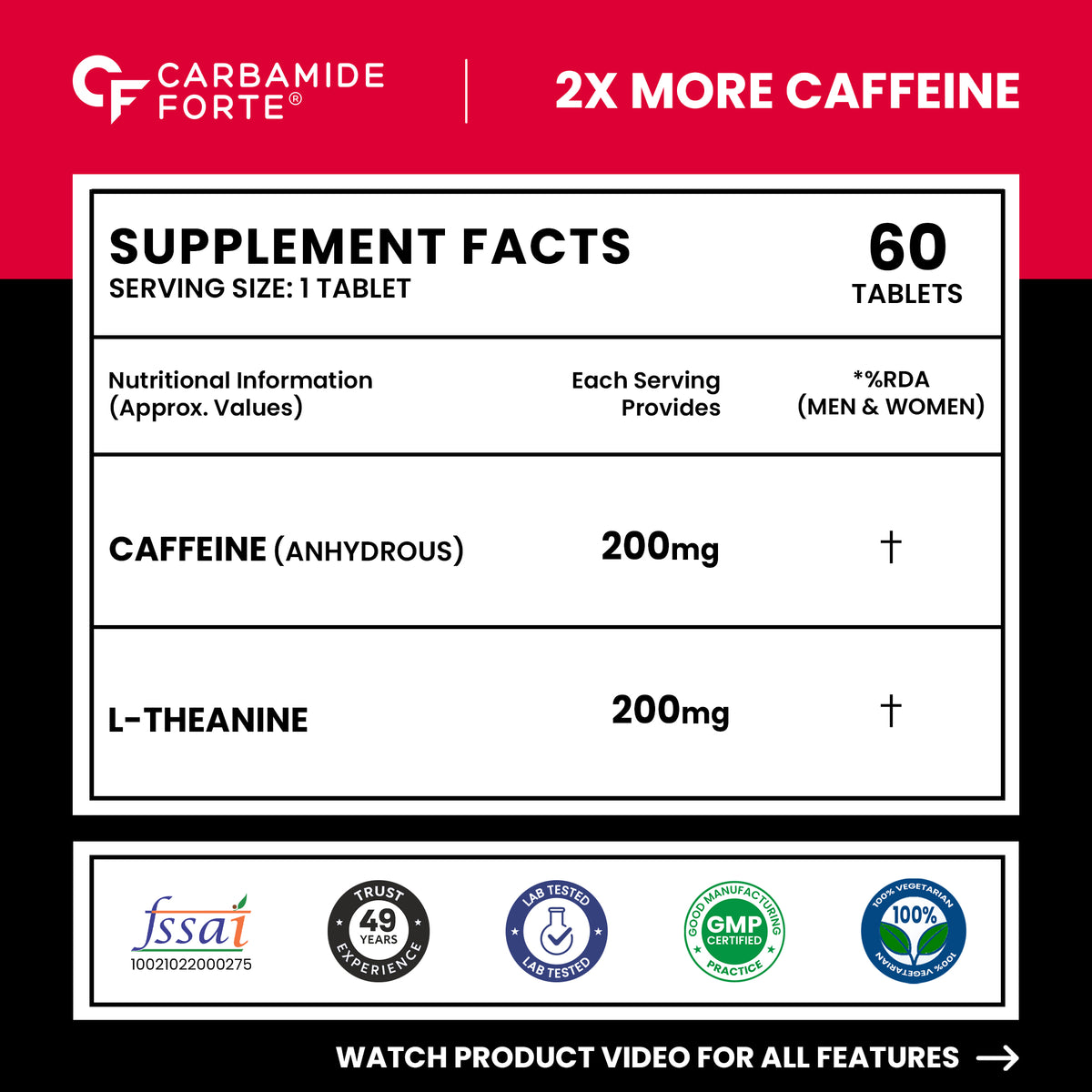 Caffeine Tablets 200mg with L-Theanine 200mg | 60 Veg Tablets