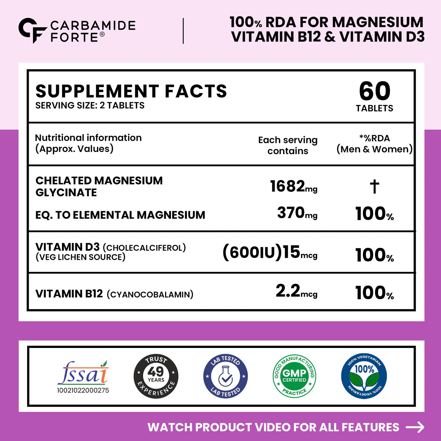 Magnesium Glycinate for Women with Vitamin D3 & B12 - 60 Veg Tablets