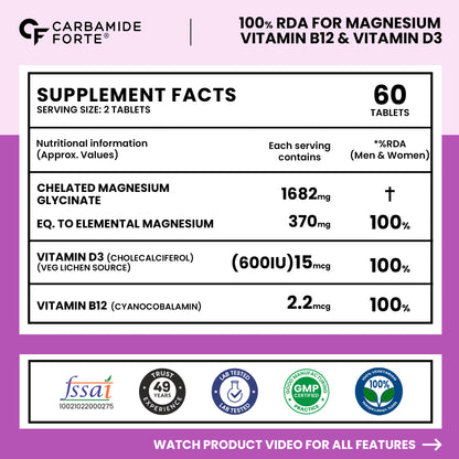 Magnesium Glycinate for Women with Vitamin D3 & B12 - 60 Veg Tablets
