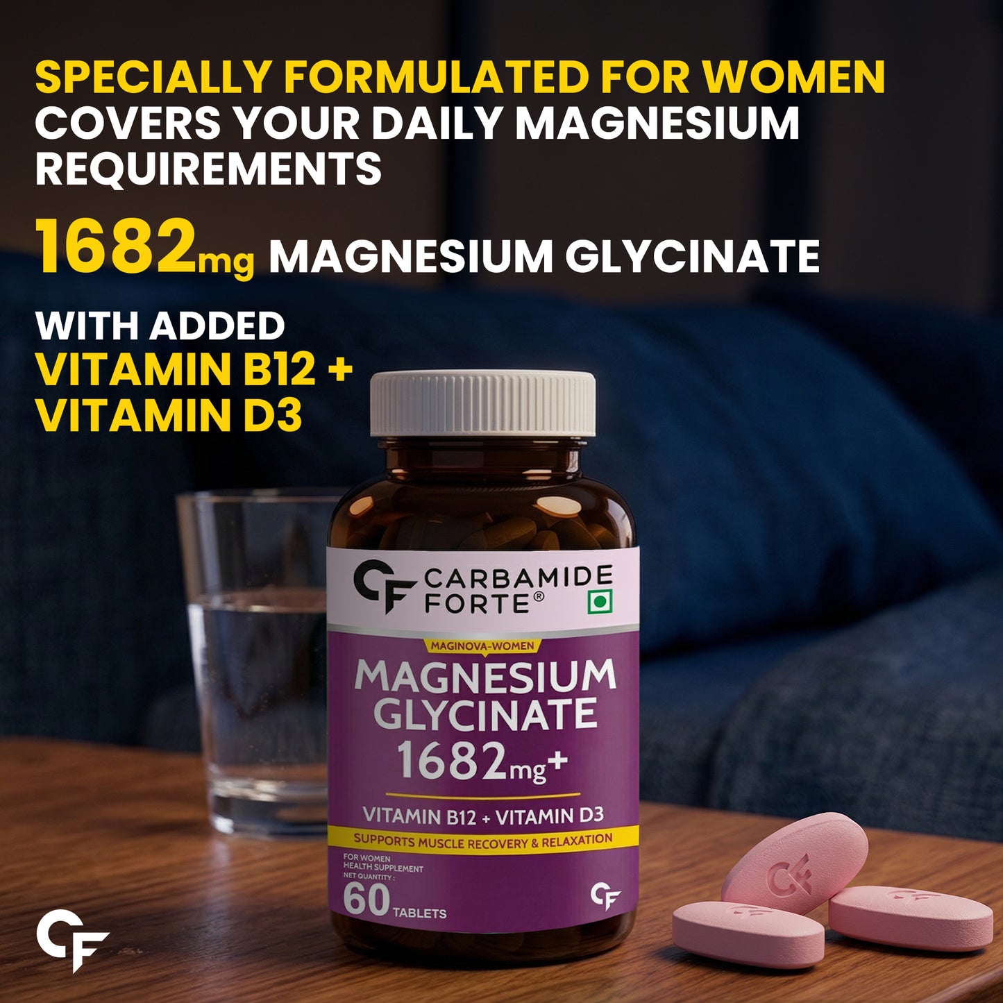 Magnesium Glycinate for Women with Vitamin D3 & B12 - 60 Veg Tablets