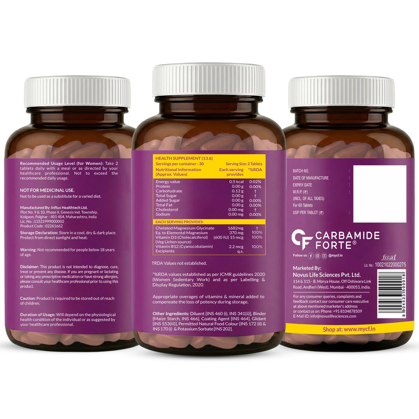 Magnesium Glycinate for Women with Vitamin D3 & B12 - 60 Veg Tablets