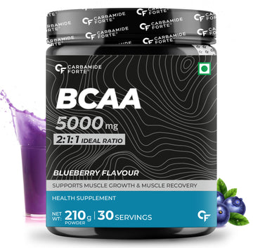 Carbamide Forte BCAA 5000mg Supplement for Men & Women 7g Serving with Ideal 2:1:1 Ratio | BCAA Powder for Muscle Growth & Muscle Recovery - Blueberry Flavour - 210g