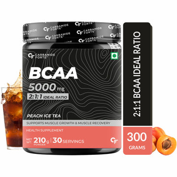 Carbamide Forte BCAA 5000mg Supplement for Men & Women 7g Serving with Ideal 2:1:1 Ratio | BCAA Powder for Muscle Growth & Muscle Recovery - Peach Ice Tea Flavour - 210g