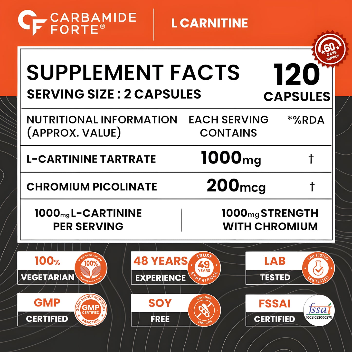 L-Carnitine L-Tartrate – 1000 mg for Energy & Fat Metabolism Support | 120 Tablets|