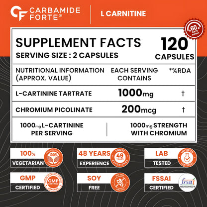 L-Carnitine L-Tartrate – 1000 mg for Energy & Fat Metabolism Support | 120 Tablets|