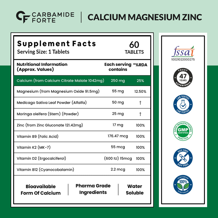 Carbamide Forte Calcium Magnesium & Zinc Tablets with Vitamin D,Vitamin K2-MK7 & B12 | Calcium Tablets for Women and Men, for  Bone Health & Joint Support - 60 Tablets