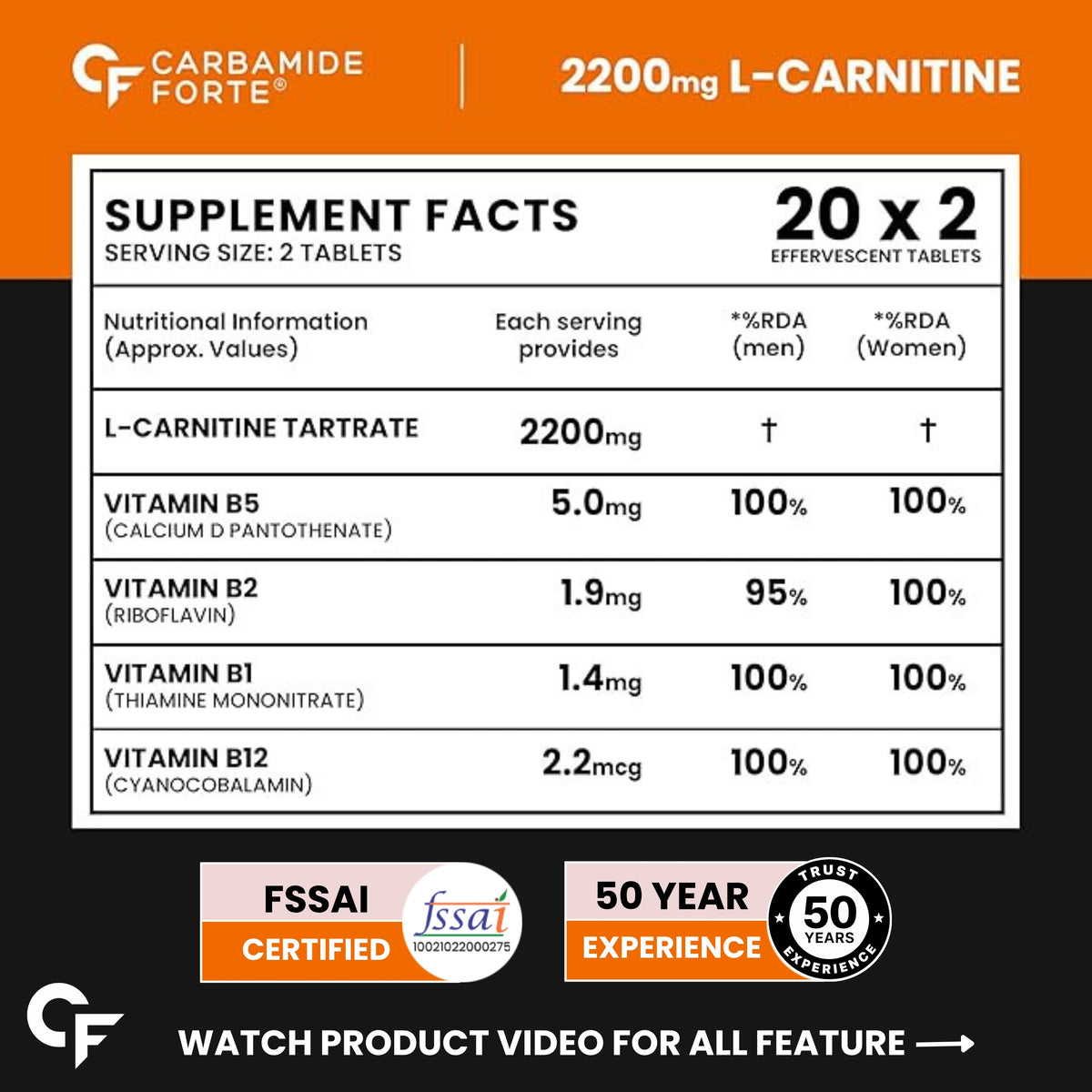 L-Carnitine Effervescent 2200mg with B-Complex Vitamins | Orange Flavour | 40 Tablets
