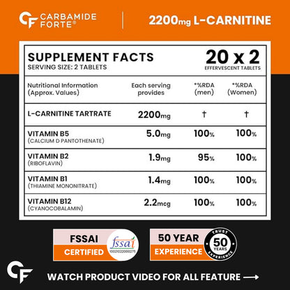 L-Carnitine Effervescent 2200mg with B-Complex Vitamins | Orange Flavour | 40 Tablets