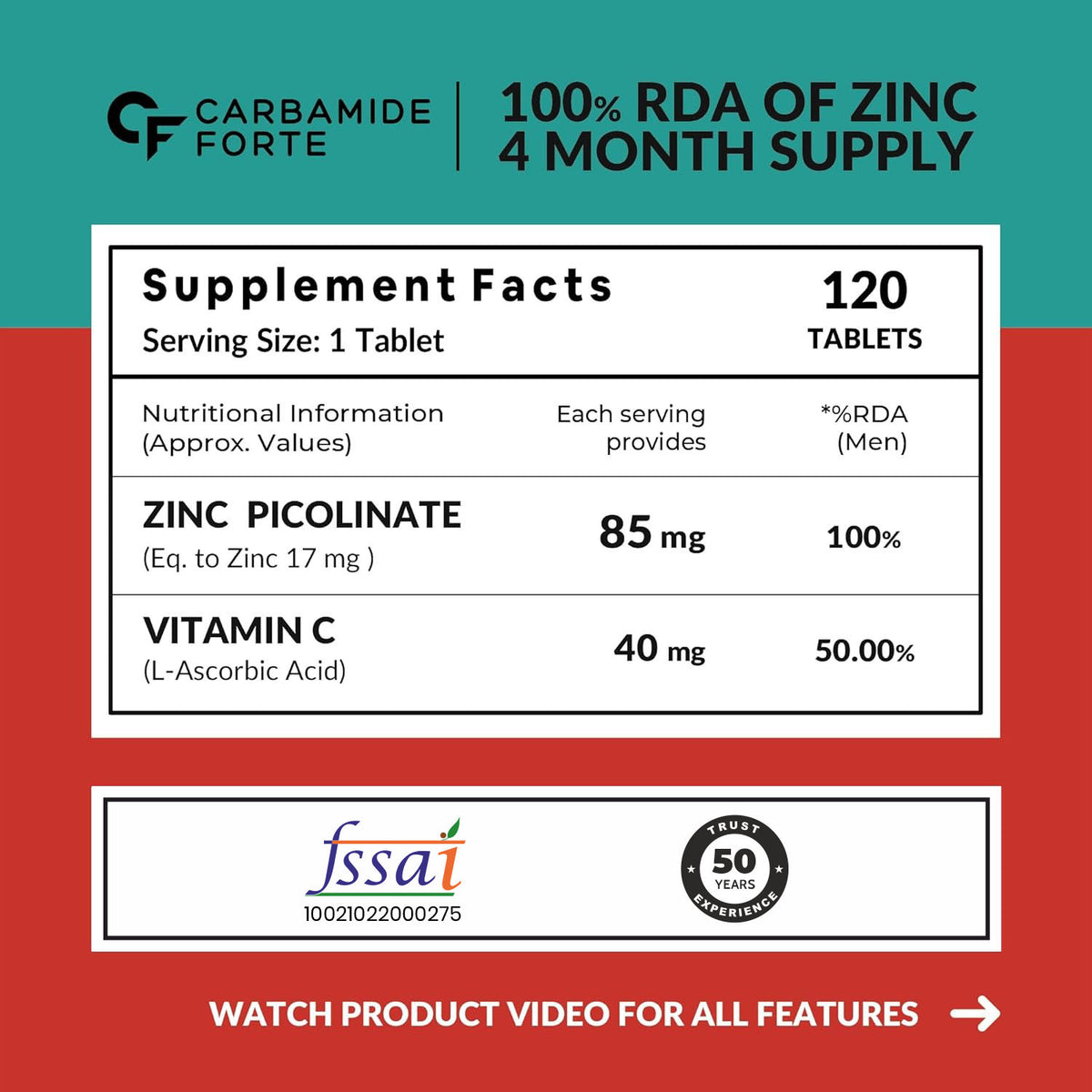 Zinc Picolinate with Vitamin C - 120 Tablets - Carbamide Forte