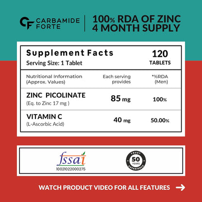 Zinc Picolinate with Vitamin C - 120 Tablets - Carbamide Forte
