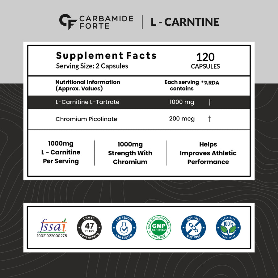 Carbamide Forte L-Carnitine L-Tartrate 1000mg Capsules for Men & Women | Pre Workout Supplement - 120 Veg Capsules