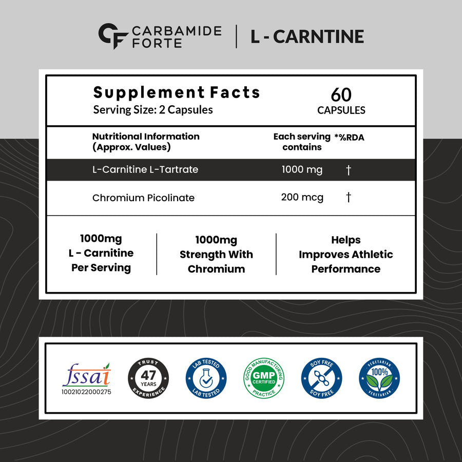 Carbamide Forte L-Carnitine L-Tartrate 1000mg Capsules for Men & Women | Pre Workout Supplement - 60 Veg Capsules