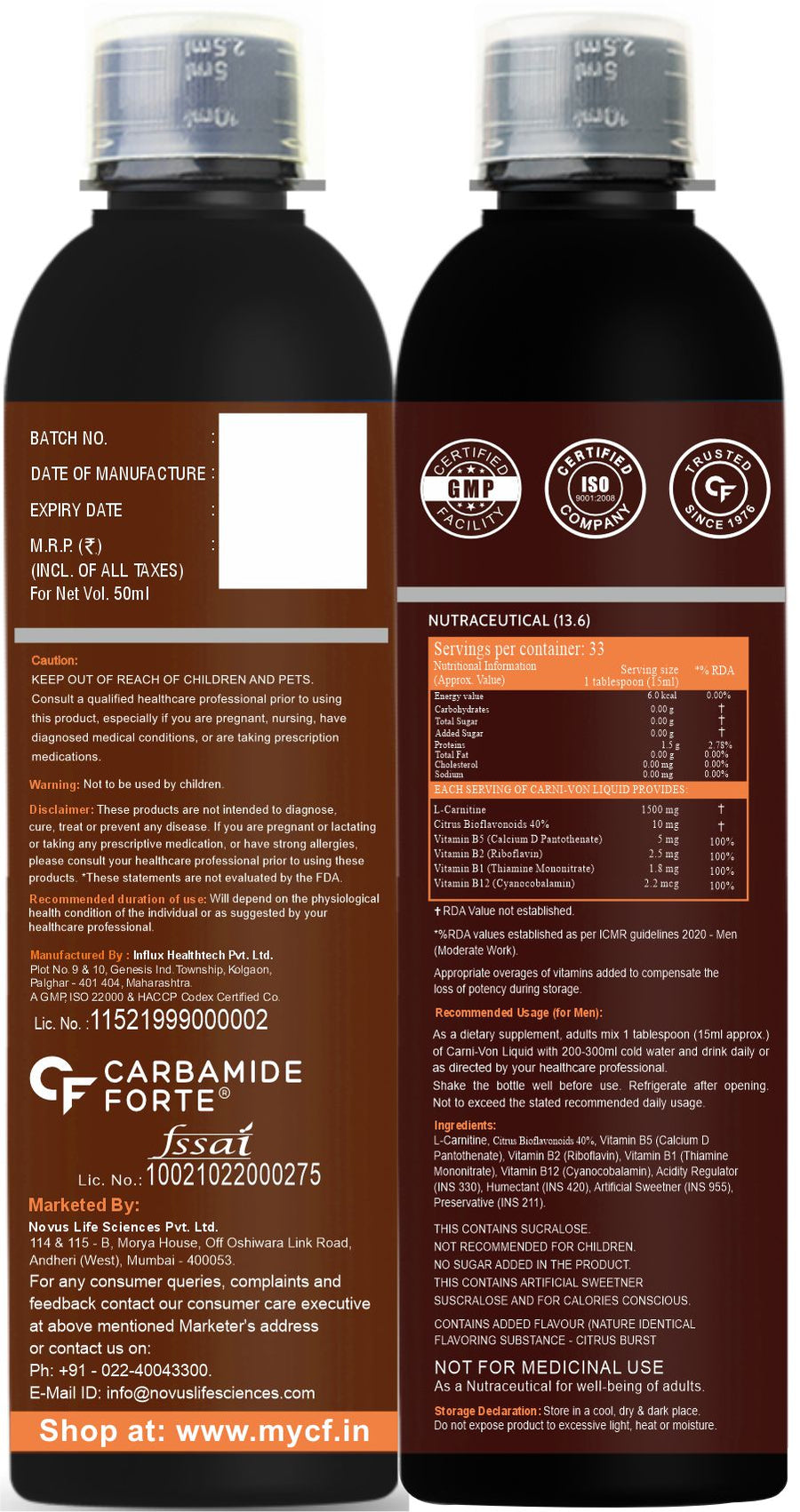 CF L Carnitine Liquid Supplement with 1500mg of Pure L-Carnitine Per Serving | Fat Burners for Men & Women – 33 Servings in 500ml