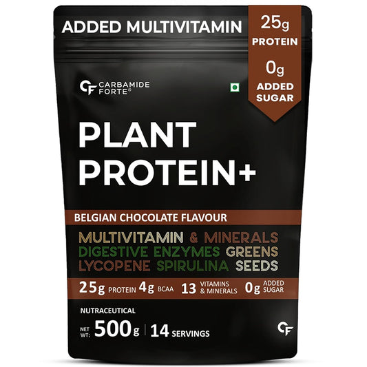Carbamide Forte Plant Protein Powder - Plant Based Protein Powder with Multivitamin, Minerals, Superfoods, Pea Protein, Digestive Enzymes | Plant Protein Powder - Belgian Chocolate Flavour - 500g