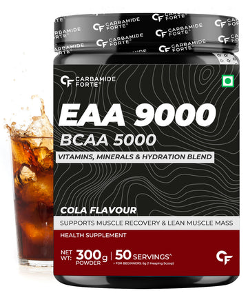 Carbamide Forte EAA 9000mg Supplement with BCAA 5000mg | EAA Supplement for Men & Women with Hydration Blend & Vitamins - Cola Flavour - 50 Servings - 300g