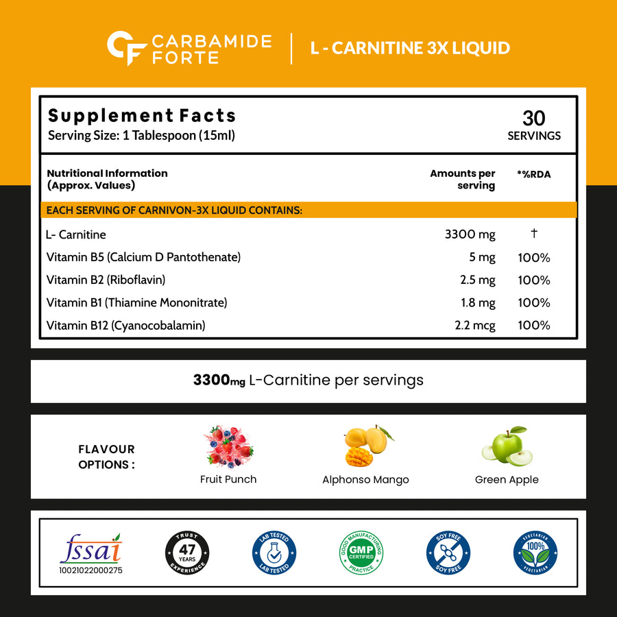 Carbamide Forte L-Carnitine Liquid 3300mg Per Serving with Added Vitamins | L-Carnitine L-Tartrate - Mango Flavour - 30 Servings - 450ml