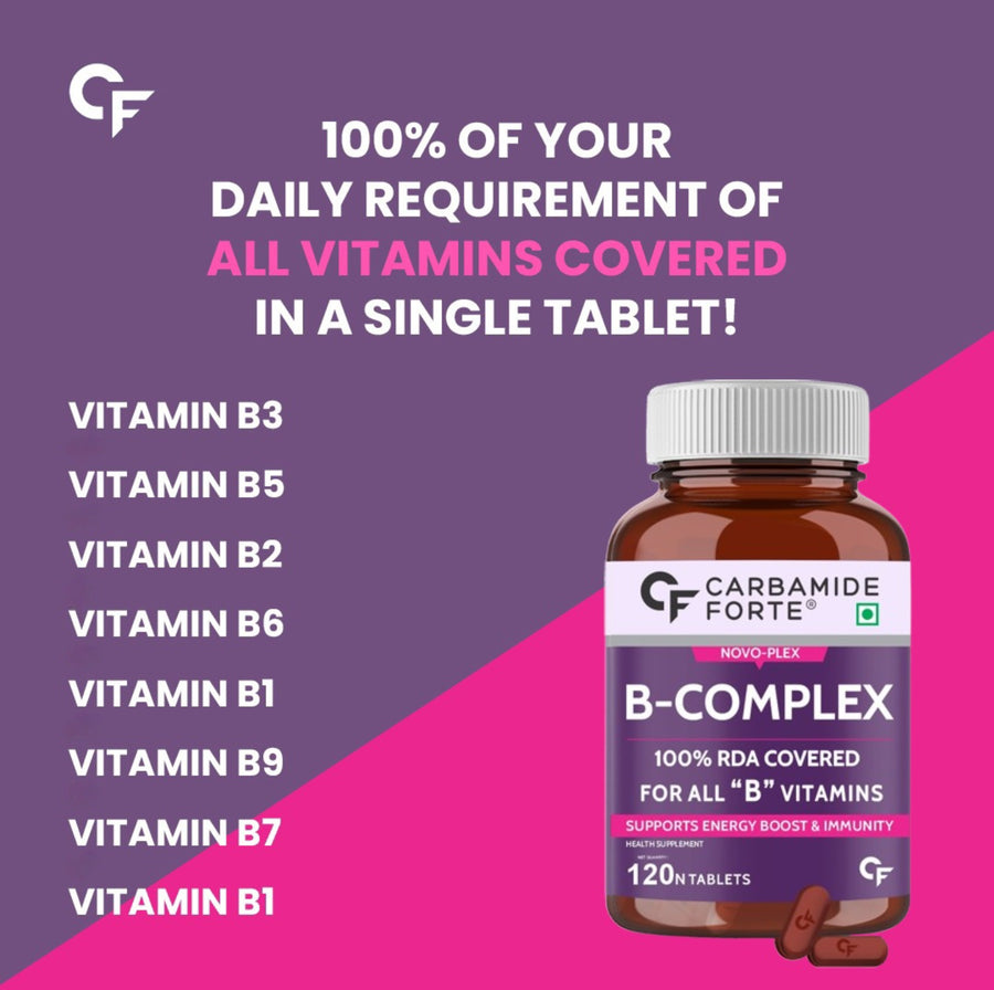 Carbamide Forte Vitamin B-Complex Tablets - 100% RDA for B Vitamins with B1, B2, B3, B5, B6, B9 & Vitamin B12 | Vitamin B Complex Supplements for Women & Men - 120 Vegetarian Tablets