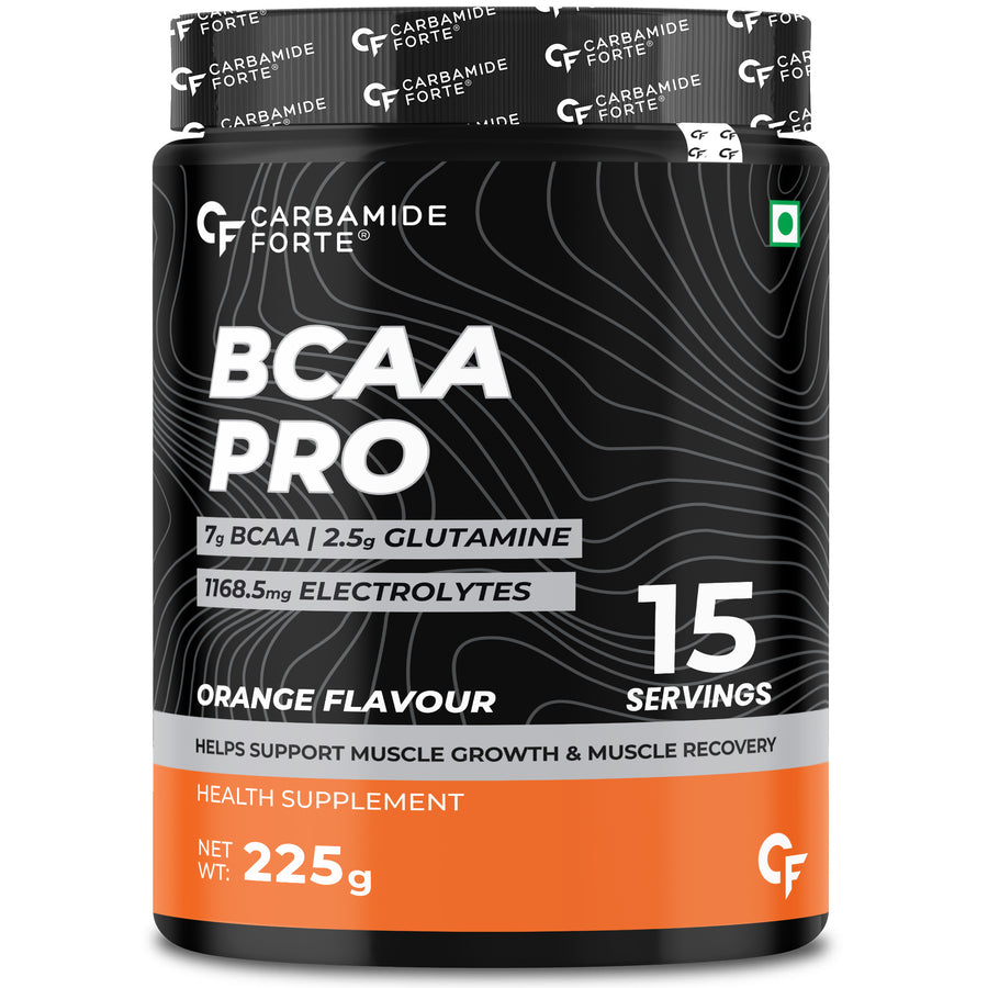 Carbamide Forte BCAA Powder 5000mg | BCAA Supplement For Women & Men Muscle Growth | BCAA Pre Workout & BCAA Intra Workout Supplement For Muscle Recovery | BCAA Orange Flavour - 210g Powder