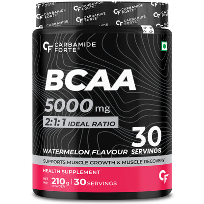 Carbamide Forte BCAA Powder 5000mg Watermelon Flavor | BCAA Supplement For Women & Men Muscle Growth | BCAA Pre Workout & BCAA Intra Workout Supplement For Muscle Recovery | BCAA Supplements For Men & Women 7g Serving with Ideal 2:1:1 Ratio