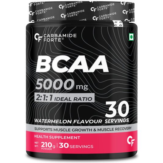 Carbamide Forte BCAA Powder 5000mg Watermelon Flavor | BCAA Supplement For Women & Men Muscle Growth | BCAA Pre Workout & BCAA Intra Workout Supplement For Muscle Recovery | BCAA Supplements For Men & Women 7g Serving with Ideal 2:1:1 Ratio