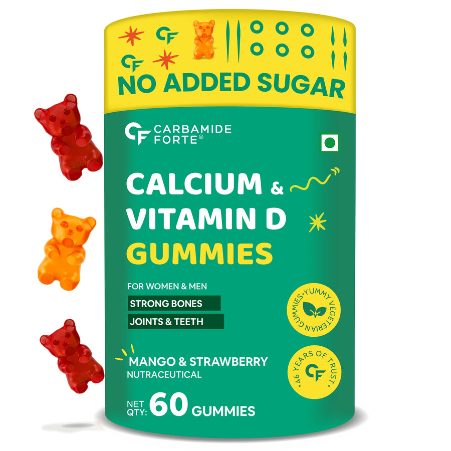Carbamide Forte Calcium with Vitamin D Gummies for Men & Women| Calcium Gummies for Women & Men for Stronger Bones, Joints & Teeth & Immunity - Mango & Strawberry Flavour - 60 Veg Gummies