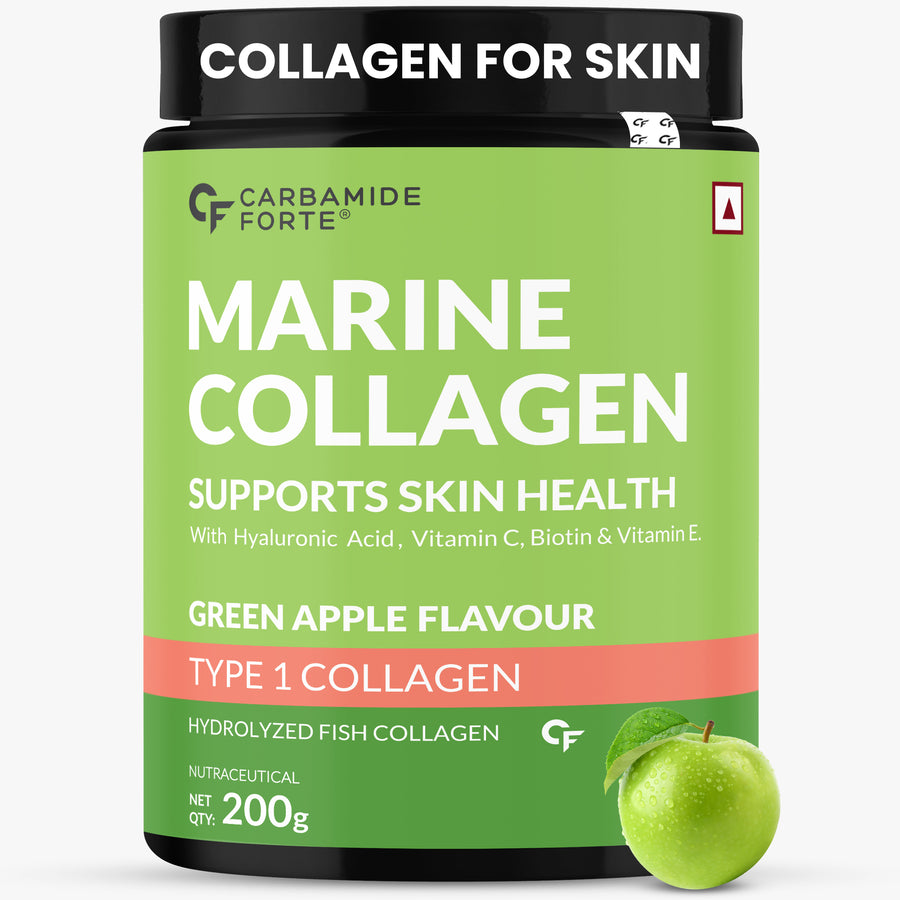Carbamide Forte Marine Collagen Powder Supplement - for Skin Fish Collagen Powder for Women & Men - 200g Powder - Green Apple Flavour