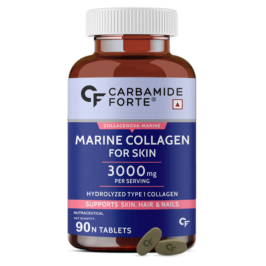 Carbamide Forte Hydrolyzed Marine Collagen Supplements Type 1 For Skin, Hair & Nails For Women & Men | Hydrolyzed Marine Collagen Peptides 3000mg With Hyaluronic Acid, Vitamin C, E & Biotin To Support Youthful Skin & Thicker Hairs | 90 Tablets