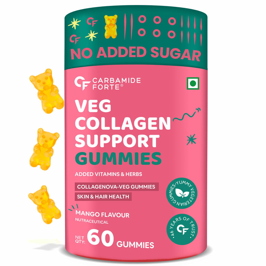 Carbamide Forte Veg Collagen Support Gummies, 60 Gummies | Collagen Supplements for Women & Men for Skin & Hair - Mango Flavour, 250 Grams, 60 Servings