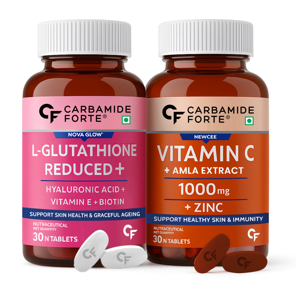 Carbamide Forte Japanese Reduced L Glutathione Tablets with Vitamin C from Amla Extract, Collagen, Lycopene Combo Pack for Skin Health (1000mg) - 30 Veg Tablets Each