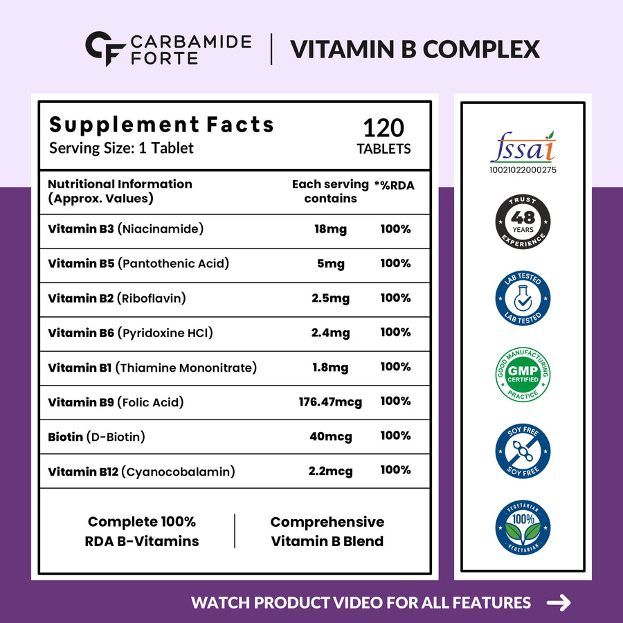 Carbamide Forte Vitamin B-Complex Tablets - 100% RDA for B Vitamins with B1, B2, B3, B5, B6, B9 & Vitamin B12 | Vitamin B Complex Supplements for Women & Men - 120 Vegetarian Tablets