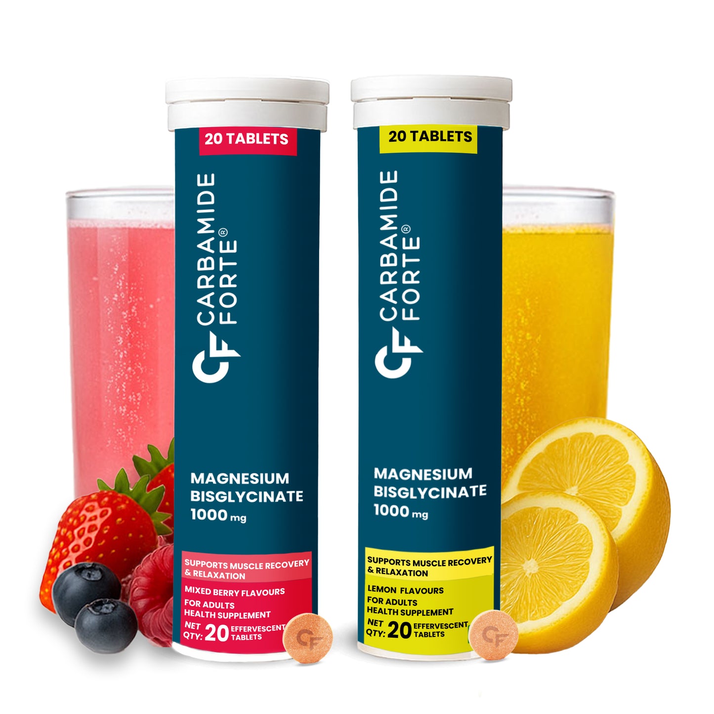 Carbamide Forte Magnesium Bisglycinate Effervescent Tablet 1000mg | Magnesium Glycinate Tablets | Supports Sleep, Muscle Cramp & Nerve Function - 2 X 20 Effervescent Tablets - Lemon & Mixed Berry Flavour