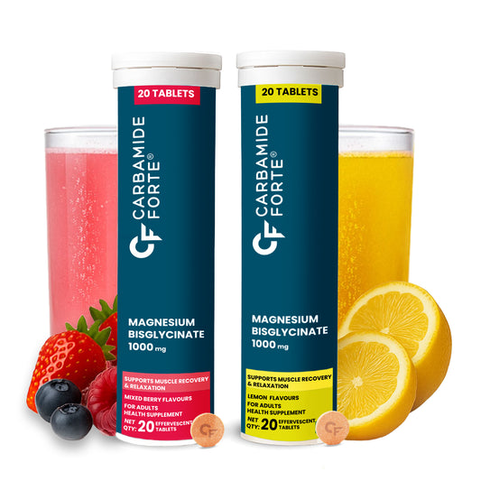 Carbamide Forte Magnesium Bisglycinate Effervescent Tablet 1000mg | Magnesium Glycinate Tablets | Supports Sleep, Muscle Cramp & Nerve Function - 2 X 20 Effervescent Tablets - Lemon & Mixed Berry Flavour
