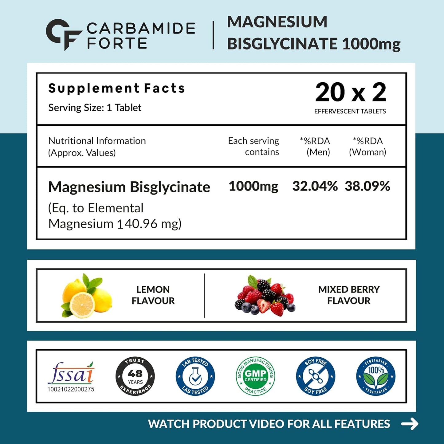 Carbamide Forte Magnesium Bisglycinate Effervescent Tablet 1000mg | Magnesium Glycinate Tablets | Supports Sleep, Muscle Cramp & Nerve Function - 2 X 20 Effervescent Tablets - Lemon & Mixed Berry Flavour