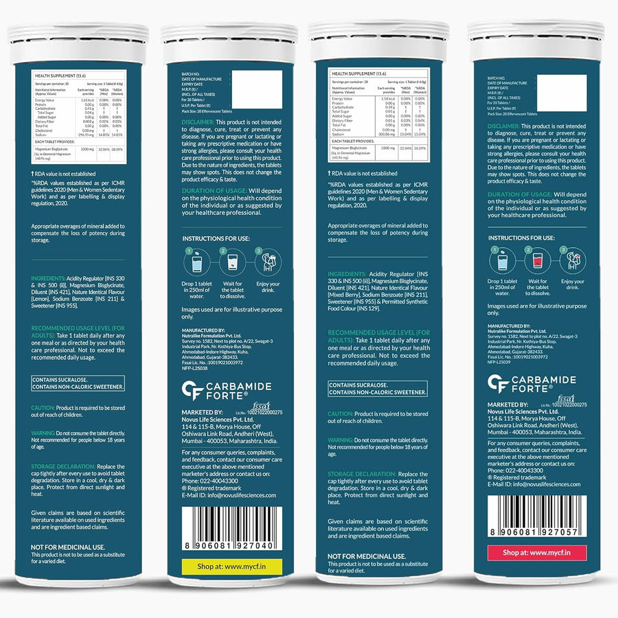 Carbamide Forte Magnesium Bisglycinate Effervescent Tablet 1000mg | Magnesium Glycinate Tablets | Supports Sleep, Muscle Cramp & Nerve Function - 2 X 20 Effervescent Tablets - Lemon & Mixed Berry Flavour