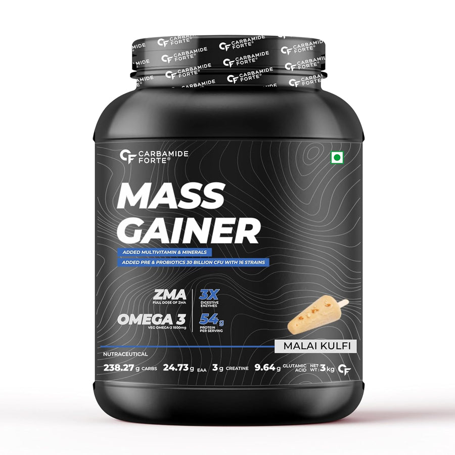 Carbamide Forte Mass Gainer Powder With 54G Protein, 250G Carbs, Multivitamin, Zma & Creatine 3G - Weight Gainer For Men & Women - Malai Kulfi Flavour - 3Kg