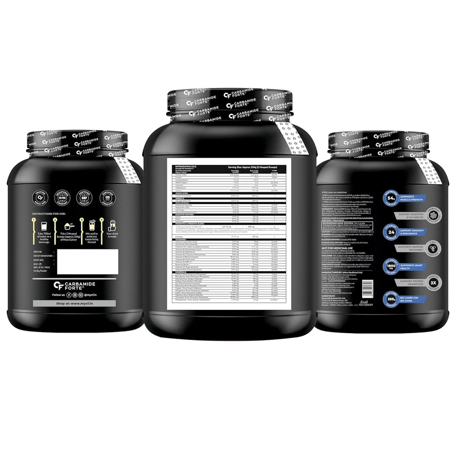 Carbamide Forte Mass Gainer Powder With 54G Protein, 250G Carbs, Multivitamin, Zma & Creatine 3G - Weight Gainer For Men & Women - Malai Kulfi Flavour - 3Kg