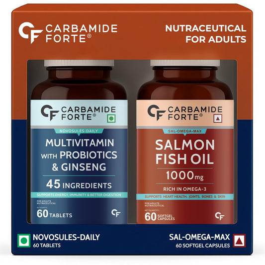 Carbamide Forte Multivitamin Tablet for Men and Women with Probiotics & Omega-3 Fish Oil Capsules | Daily Immunity, Heart, Brain & Joint Support | 60 Tablets + 60 Softgel Capsules