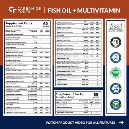 Carbamide Forte Multivitamin Tablet for Men and Women with Probiotics & Omega-3 Fish Oil Capsules | Daily Immunity, Heart, Brain & Joint Support | 60 Tablets + 60 Softgel Capsules