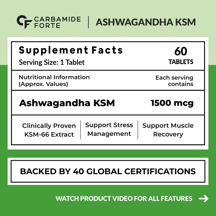 Carbamide Forte Ashwagandha KSM66-1500 mg I Ashwagandha Supplements KSM 66 Support Stress Management & Muscle Recovery I ashvagandha tablets for Men & Women - 60 Tablets