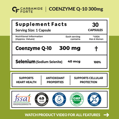 Carbamide Forte Coenzyme Q10 (CoQ10) 300mg with Selenium 40mcg | Supports Heart Health and Vascular Health | 100% Vegetarian – 30 Capsules