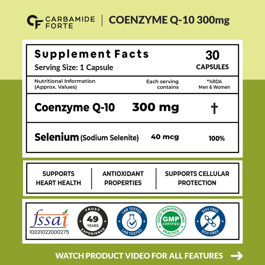Carbamide Forte Coenzyme Q10 (CoQ10) 300mg with Selenium 40mcg | Supports Heart Health and Vascular Health | 100% Vegetarian – 30 Capsules