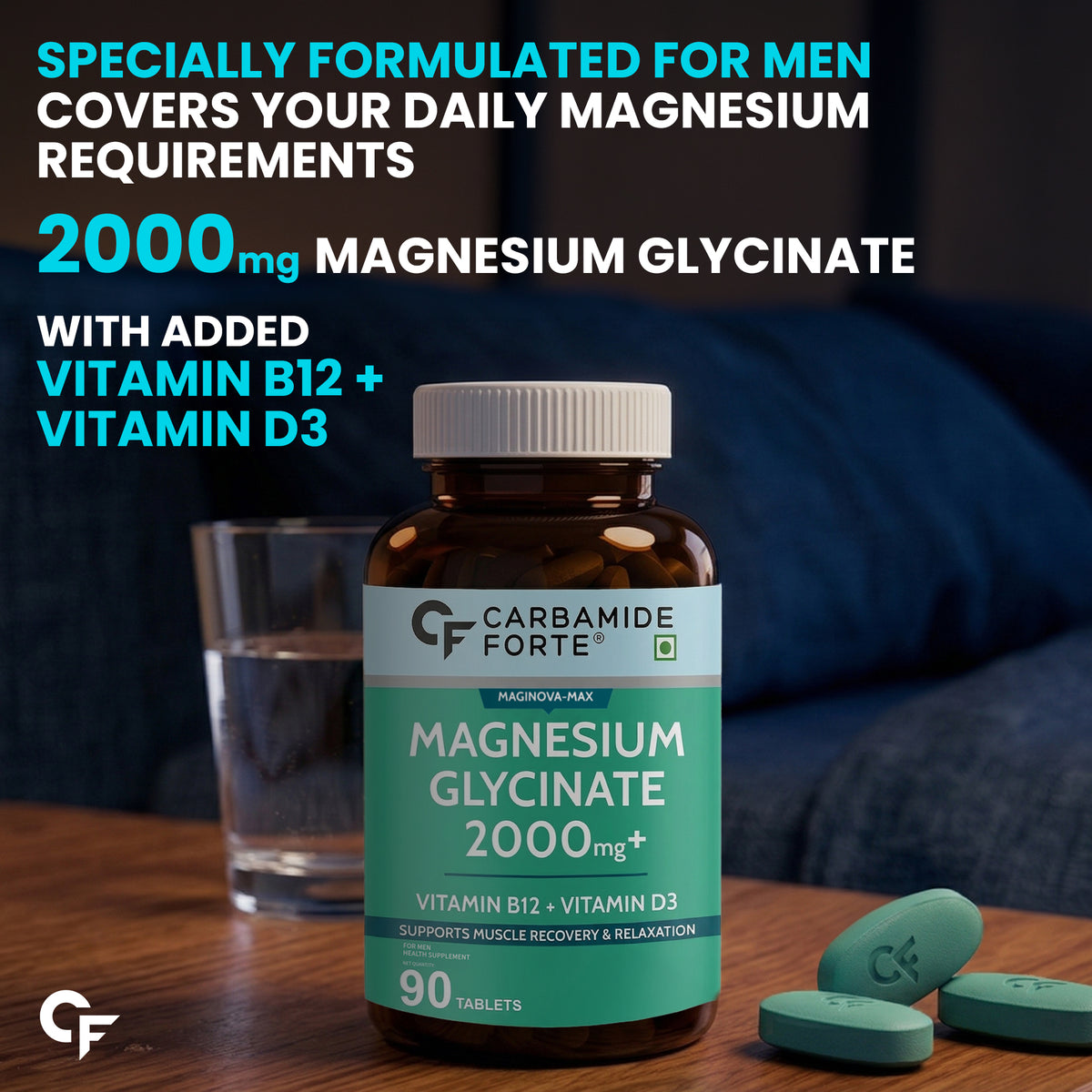 Magnesium Glycinate 2000mg Tablets with Vitamin D3 & B12 – 90 Veg Tablets - Carbamide Forte