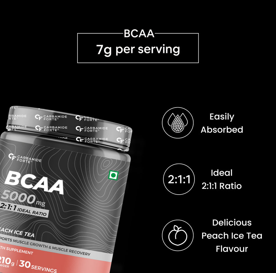 Carbamide Forte BCAA 5000mg Supplement for Men & Women 7g Serving with Ideal 2:1:1 Ratio | BCAA Powder for Muscle Growth & Muscle Recovery - Peach Ice Tea Flavour - 210g
